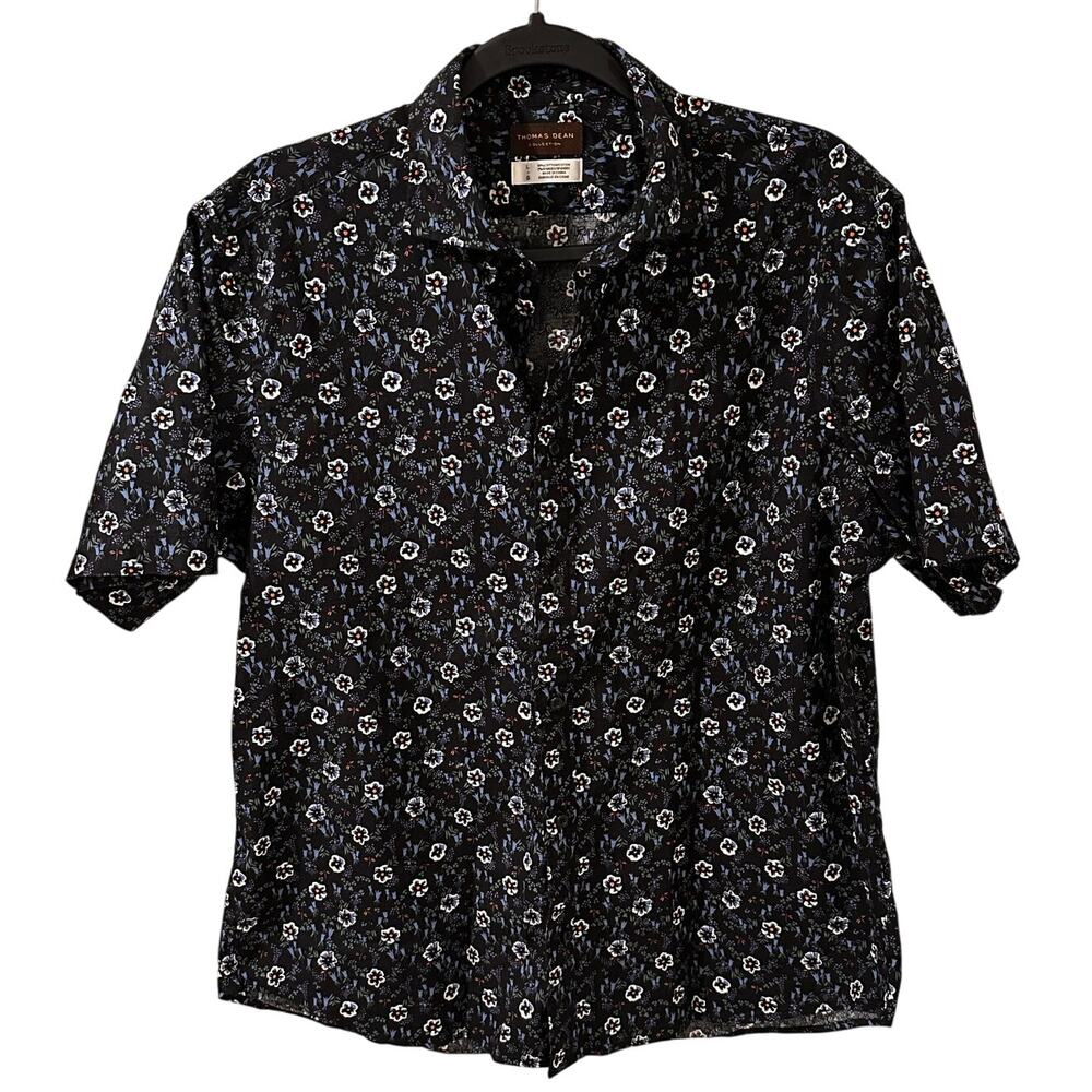 Thomas Dean Collection Mens Dragonfly Floral SS Navy Blue Button Front Shirt, L